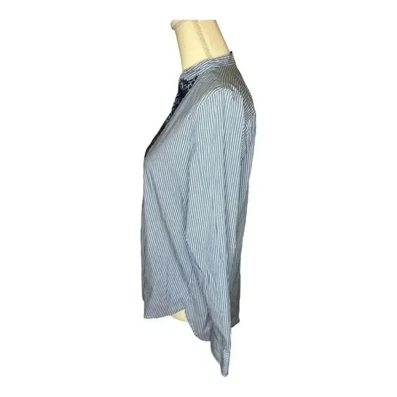 Chaps Women’s Small Blue & White Striped Embroidered Long Sleeved V-Neck Top - Picture 2 of 6
